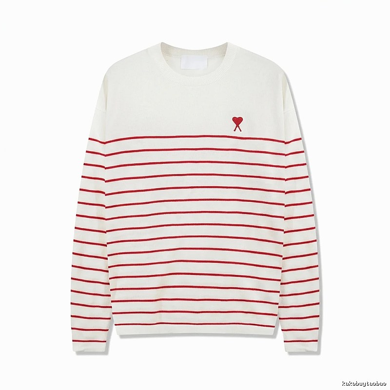 AMI Stripe Heart White Sweater