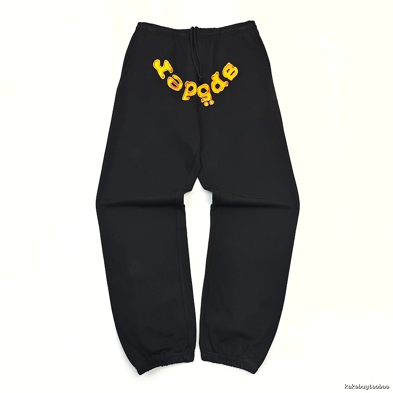 Bold Yellow Wordmark Graphics And Cuffed Hems Black Sp5der Logo Sweatpants