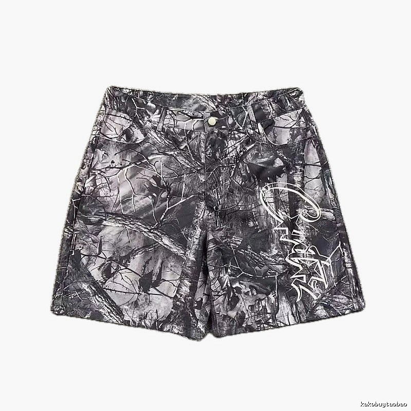 Corteiz Street Style Black and Grey Tree Grain Camouflage Shorts