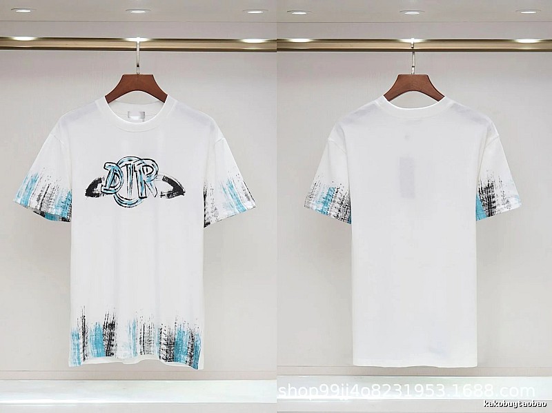 Dior Graffiti Collection Street Style White and Blue Short-sleeve T-shirt