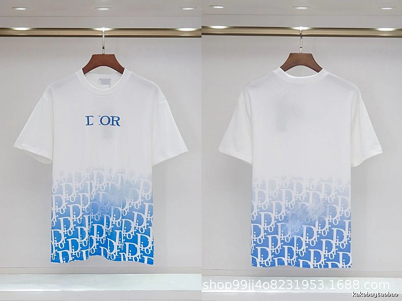 Dior Oblique Gradient Trendy Style Blue and White Short-sleeved T-shirt