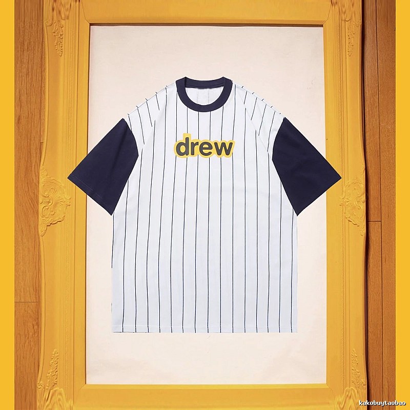 DREW Letter Print Street Style White and Navy Blue Short Sleeve T-Shirt