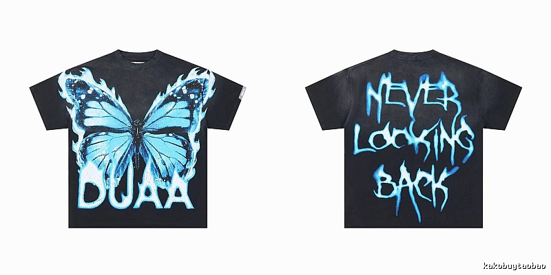 DUAA Butterfly Print Street Style Black and Blue Short-sleeved T-shirt