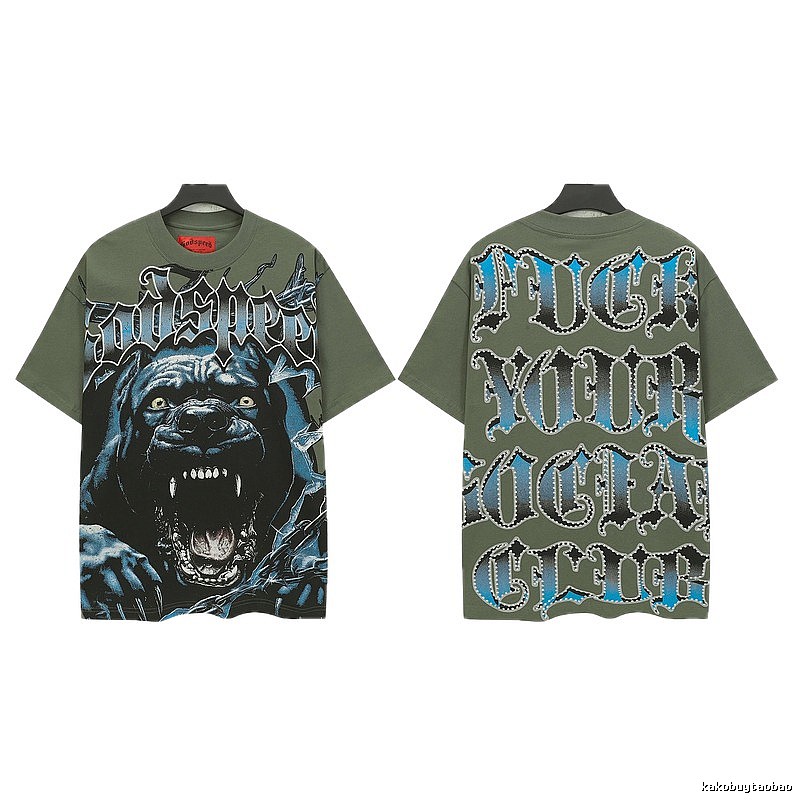Godspeed Vicious Dog Print Gothic Style Army Green T-shirt