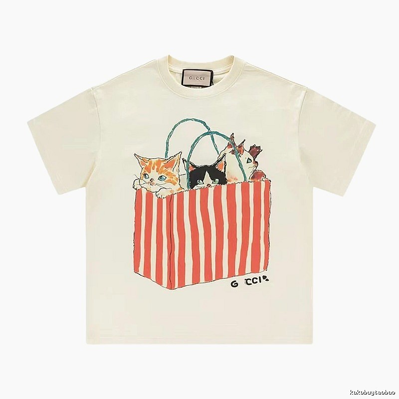 Gucci Cat Print Vintage Off-white T-Shirt