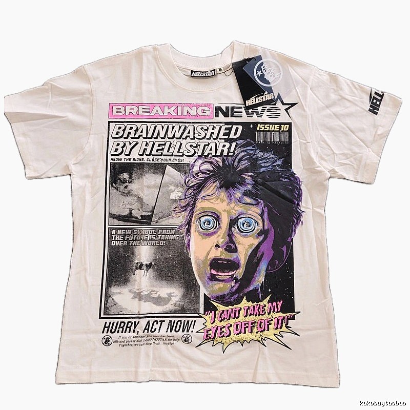 Hellstar Newspaper Print Street Style Off-white T-Shirt