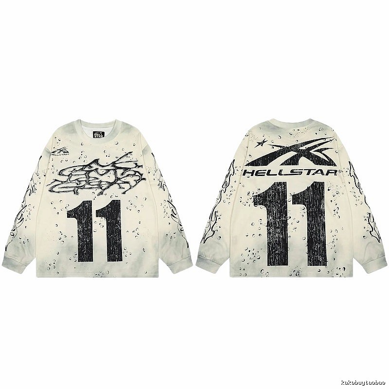 Hellstar No.11 Distressed Street Style Off-white Long Sleeve T-shirt