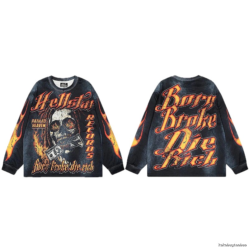 Hellstar Skull Flame Street Style Black & Orange Long Sleeve T-Shirt
