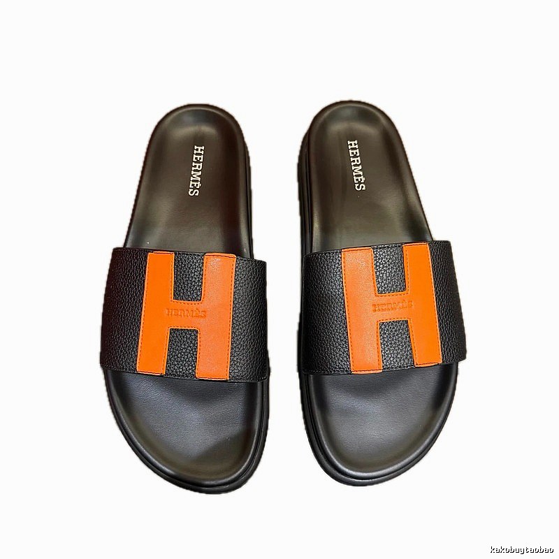 Hermès H Collection Light Luxury Style Black and Orange Color-block Slide Sandals