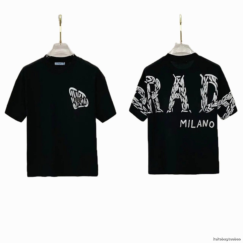 Prada Embroidered Streetwear Style Black Short-sleeve T-shirt