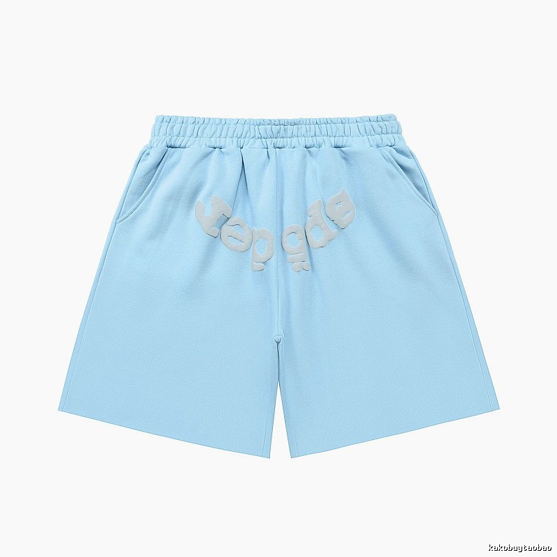 Sp5der letter-style light blue shorts