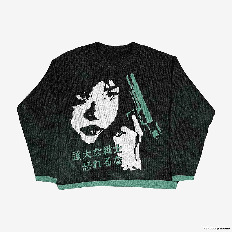 Resort Anime graphic sweater Black Knit Top for Travel Looks